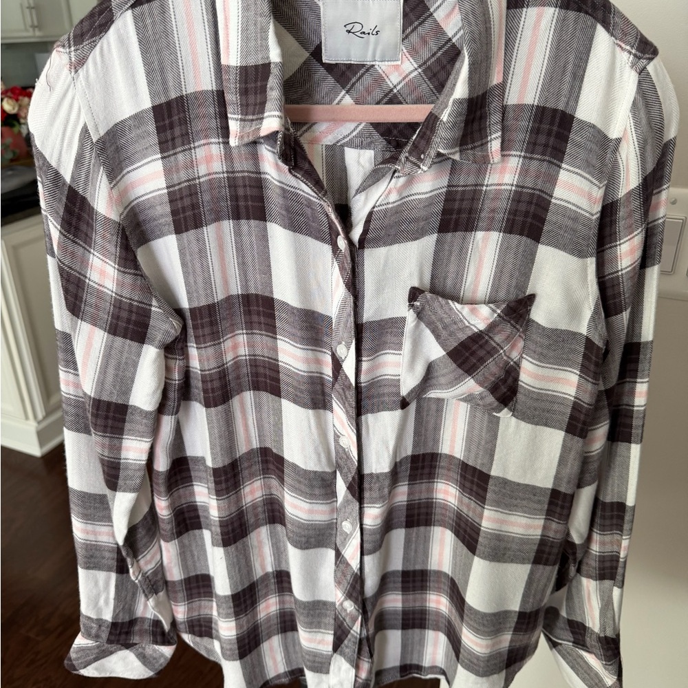 Rails Brownish , White, and Pink Plaid Button Down Shirt